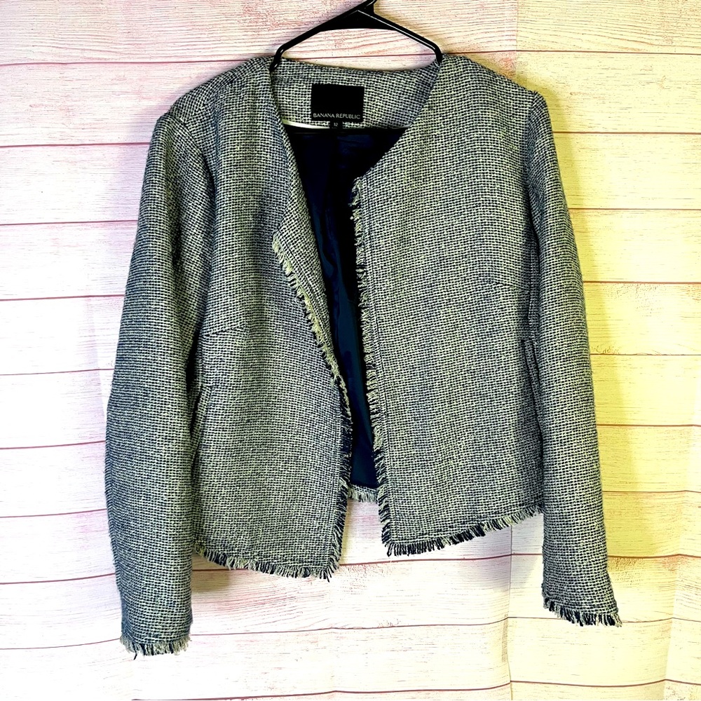 Banana Republic Open Front Blue White Tweed Fringed‎ Blazer Size 12